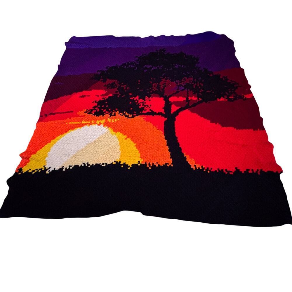Vintage Crochet Summer Sunset Landscape‎ Afghan Tapestry Throw Blanket Handmade
